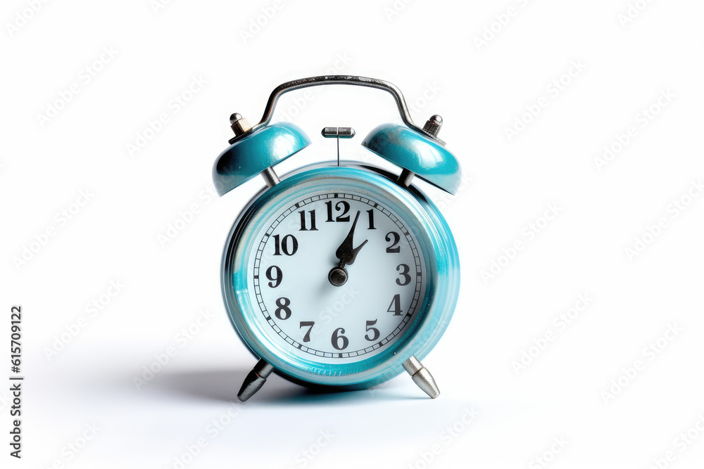 Blue alarm clock on white background. Generative AI Blue alarm clock on white background. Generative AI