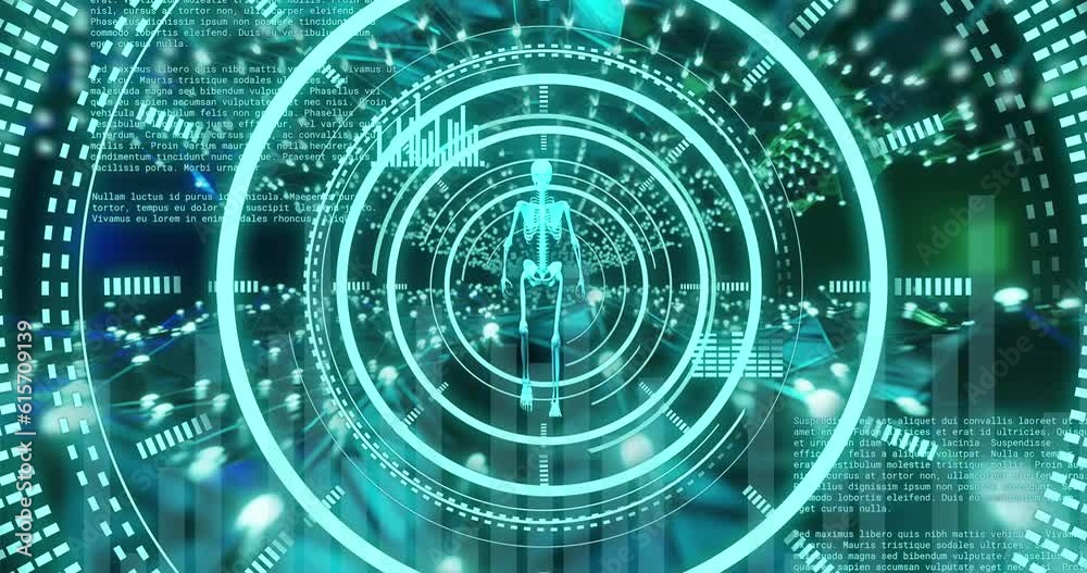Animation of blue scope, skeleton and data processing over glowing blue lights Animation of blue scope, skeleton and data processing over glowing blue lights