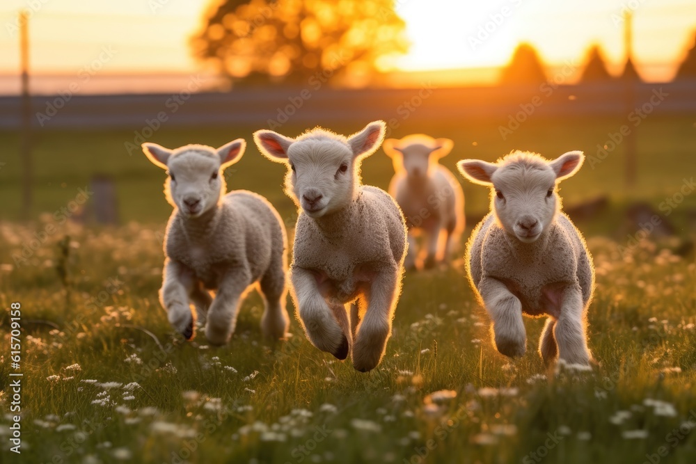 Happy lambs running in the meadow. Generative AI Happy lambs running in the meadow. Generative AI