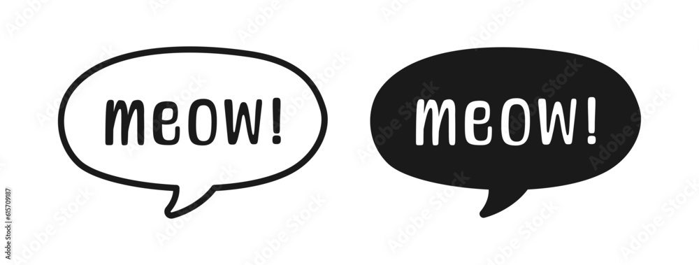 MEOW speech bubble silhouette and outline set. Cute hand drawn text quote. Animal sound doodle phrase. Vector illustration for print on shirt, card, poster etc. MEOW speech bubble silhouette and outline set. Cute hand drawn text quote. Animal sound doodle phrase. Vector illustration for print on shirt, card, poster etc.