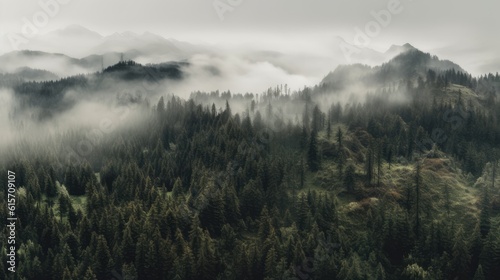 Misty foggy mountain landscape with forest. Generative AI © Lubos Chlubny