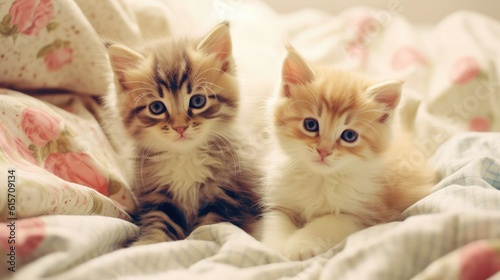 Cute kittens on a blanket on bed. Generative AI