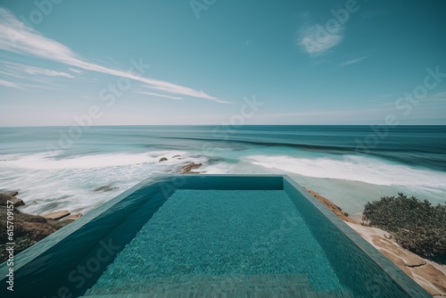 An infinity pool merging seamlessly with a turquoise ocean, under the clear blue sky, creating a sense of boundlessness . Generative AI. 