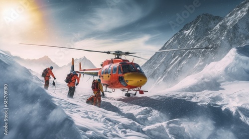 Rescue helicopter rescues climbers on snow trapped and cold mountains. Generative AI photo