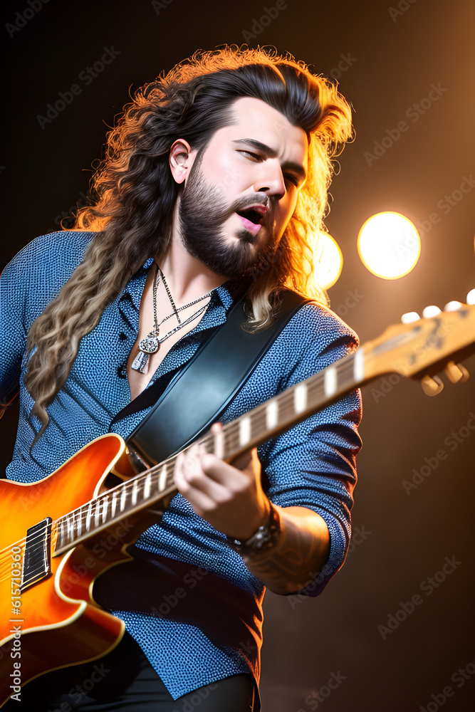 Obraz premium A handsome musician playing guitar and singing in concert. (AI-generated fictional illustration) 