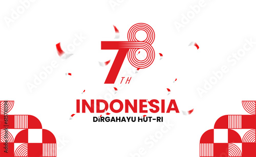 Happy Indonesian Independence Day with red and white ribbon and landscape background pattern