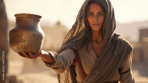 Tablou canvas Portrait of a samaritan woman with a clay water jug