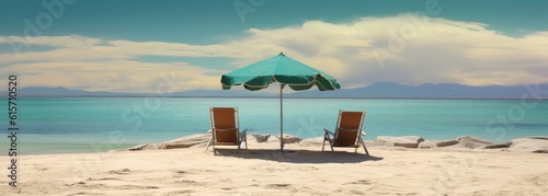 Two sun loungers under an umbrella by the sea