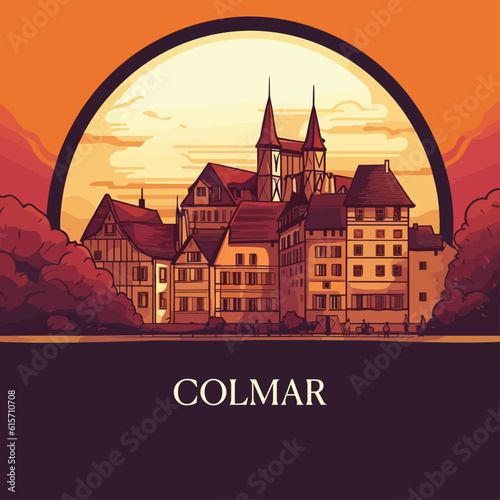 France Colmar village at sunset or sunrise landscape card. Panorama vector flat shape abstract Alsace region poster