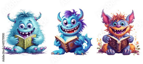 Cute Happy Monster Reading book. Generative AI © Aspect_Studio