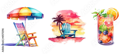 Watercolor Summer Clipart. beach chair. Generative AI