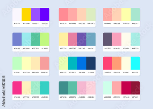 Pantone colour palette catalog samples in rgb hex. Color swatch.