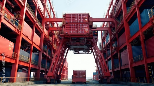 Container stacker crane lifting up stacking, Logistics, Container loading cargo freight in import and export business logistic company, Industry logistic.