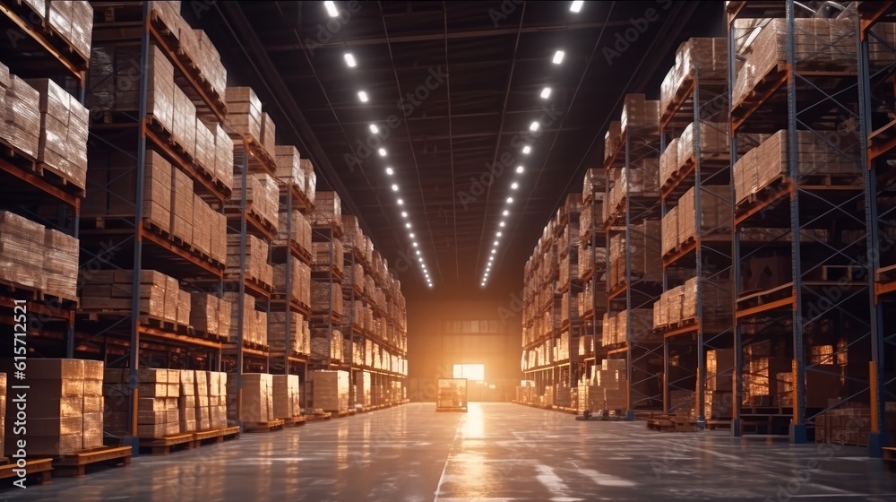 Warehouse with racks and shelves, filled with wooden boxes on pallets, Distribution products, Warehouse industrial and logistics companies, Commercial warehouse.