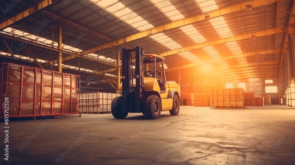 High Rack Stacker Forklift In Warehouse Row in huge distribution warehouse.