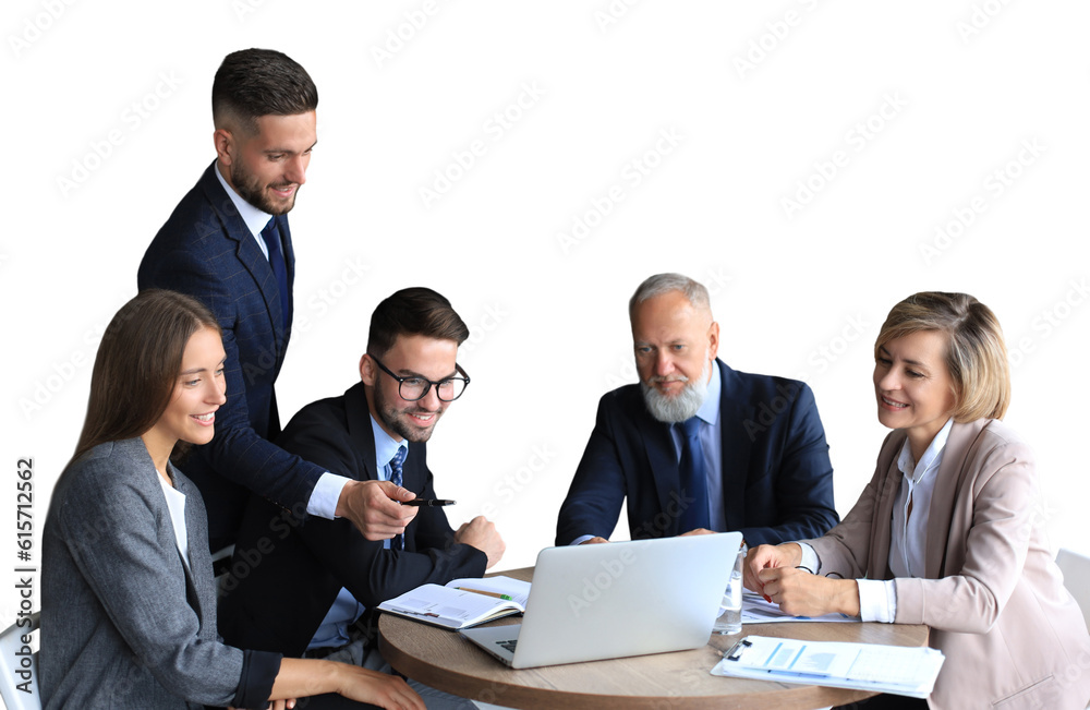 Business team working on laptop to check the results of their work on a transparent background Business team working on laptop to check the results of their work on a transparent background