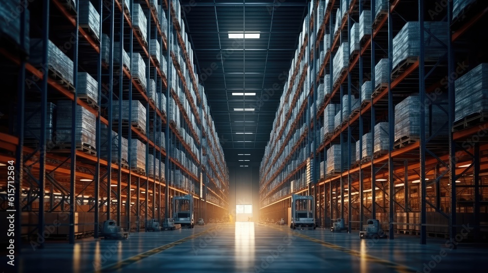 Fototapeta premium Distribution warehouse with high shelves, Logistics, Logistics Business, Interior large warehouse with freight stacked high.