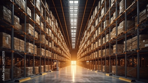 Distribution warehouse with high shelves, Logistics, Logistics Business, Interior large warehouse with freight stacked high. © visoot