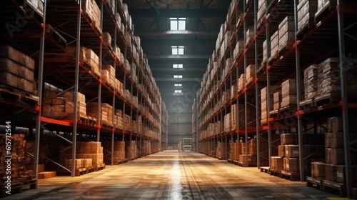 Distribution warehouse with high shelves, Logistics, Logistics Business, Interior large warehouse with freight stacked high.