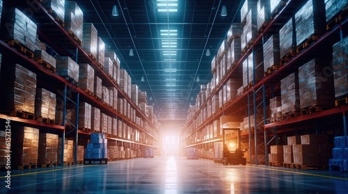 Canvas Print Warehouse with racks and shelves, filled with wooden boxes on pallets, Distribution products, Warehouse industrial and logistics companies, Commercial warehouse
