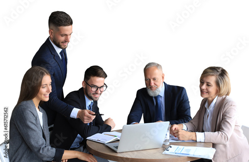 Business team working on laptop to check the results of their work on a transparent background photo