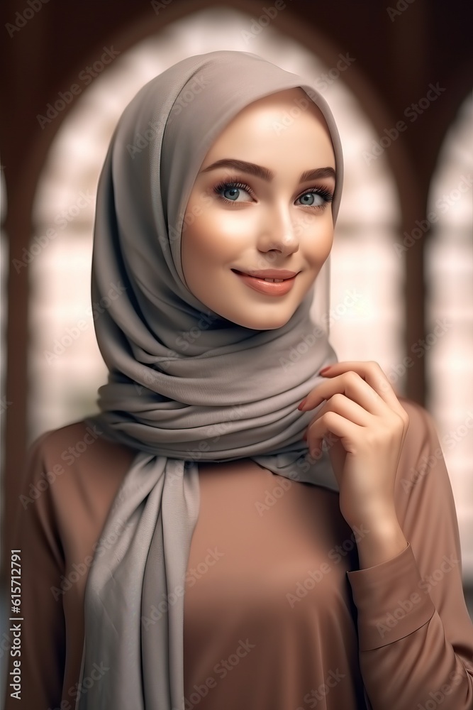 Portrait beautiful woman wearing hijab with light exposure made with Generative AI Portrait beautiful woman wearing hijab with light exposure made with Generative AI