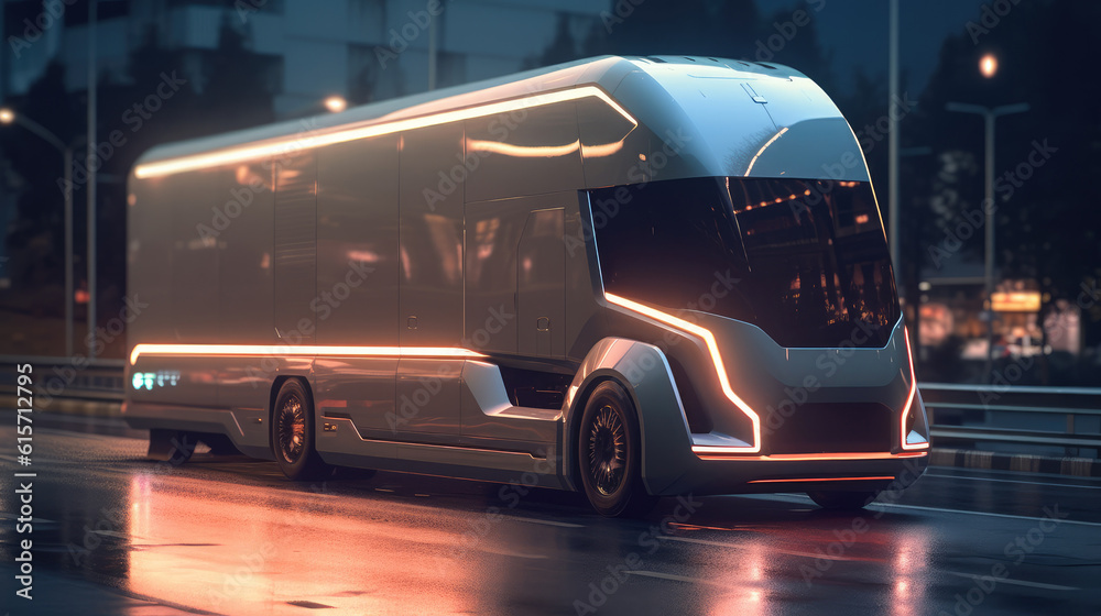 Electric autonomous truck, Futuristic Technology Concept, Autonomous Self, Truck with Cargo Trailer Drives on the Road with Scanning Sensors.