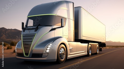Electric autonomous truck, Futuristic Technology Concept, Autonomous Self, Truck with Cargo Trailer Drives on the Road with Scanning Sensors. © visoot