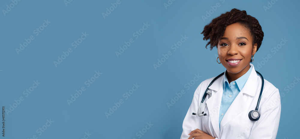 a smiling young woman wearing doctor clothes in blue background generative ai