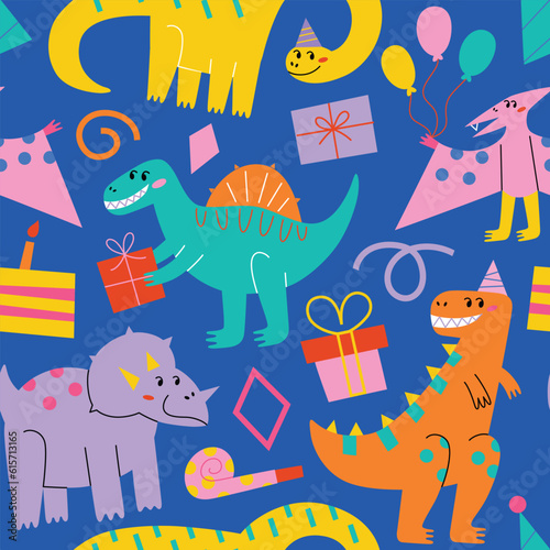 Dinosaurs birthday party. Hand drawn seamless pattern with tyrannosaurus and reptiles. Colored ornament of birthday cake  gifts  hats icons  vector illustrations of smiling raptors at party