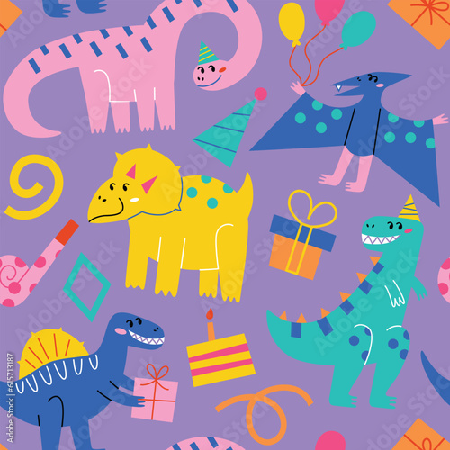 Dinosaurs birthday party for wrapping paper. Hand drawn seamless pattern with icons of cakes and gifts, doodle colored ornament with smiling tyrannosaurus, vector illustrations of joyful reptiles 
