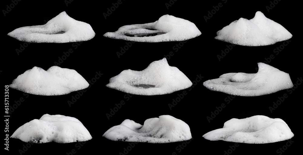 liquid white foam from soap or shampoo or shower gel Abstract soap bubbles. Set foam, soap bubble isolated on black, with clipping path texture and background.	
 - obrazy, fototapety, plakaty 