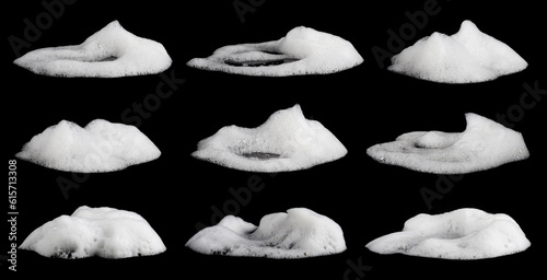 liquid white foam from soap or shampoo or shower gel Abstract soap bubbles. Set foam, soap bubble isolated on black, with clipping path texture and background.	
 photo