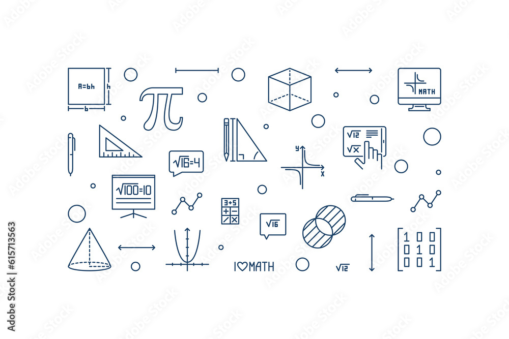 I Love Maths horizontal vector thin line banner. Math concept linear illustration I Love Maths horizontal vector thin line banner. Math concept linear illustration