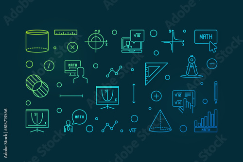 Learning Mathematics vector thin line horizontal banner - Math concept modern illustration