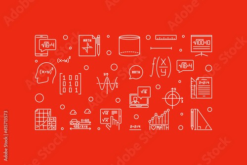I Love Mathematics vector outline red horizontal banner - Math concept line illustration