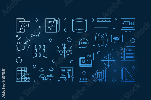 I Love Mathematics vector thin line horizontal blue banner. Math concept linear illustration