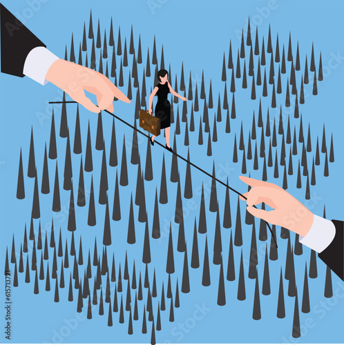 Business risk. Businesswoman walking on a rope held by big hands overcoming obstacles 3d vector illustration concept for banner, website, illustration, landing page, flyer, etc