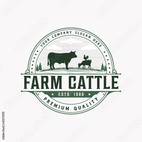 Livestock, Cattle, cow farm vector illustration classic retro vintage logo design

