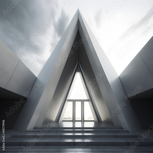 A stunning, minimalistic structure stands proudly, its triangular form reaching to the sky. Stairs on each side lead up its face, inviting exploration and wonder. An abstract architectural masterpiece