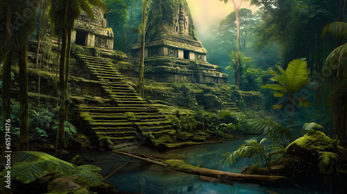ancient and overgrown mayan temple ruins in the jungle, lost place in the exotic amazon rainforest, fictional landscape created with generative ai