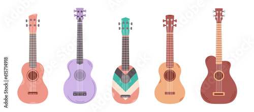 Colored set of various ukulele guitars isolated on white background. String acoustic musical instrument. Vector flat cartoon illustration.