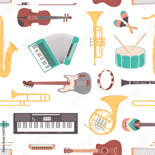 Seamless pattern with different music instruments on white background. Colored flat vector illustration.
