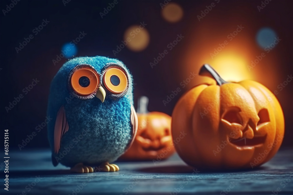 Fototapeta premium cute owl with Halloween pumpkin in the night scene
