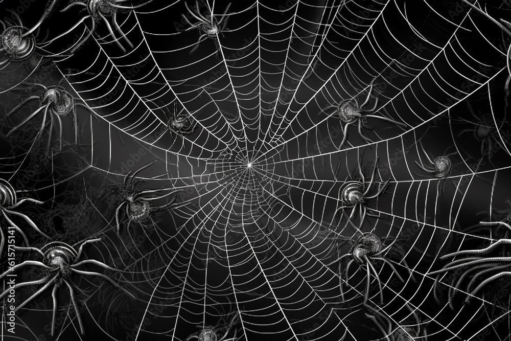 web spiders and spiders on a black chalk board background