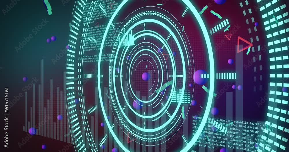 Animation of blue scope and 3d shapes over data processing on dark background Animation of blue scope and 3d shapes over data processing on dark background