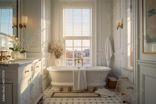 Luxury bathroom with bathtub  super photo realistic background. Generative ai illustration