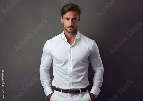 Fototapet a young man in a white shirt posing in front of gray backgrounds with Generative