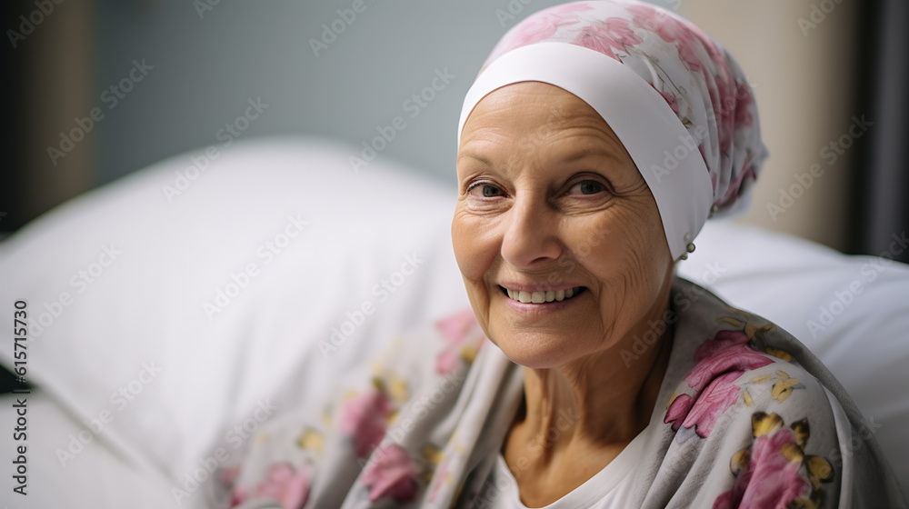 Elderly woman with cancer smiling and sitting in the hospital room.Created with Generative AI technology. Elderly woman with cancer smiling and sitting in the hospital room.Created with Generative AI technology.