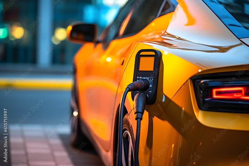 electric vehicle connected to a charging point, symbolizing the rise of electric mobility and the shift away from fossil fuels. Generative AI electric vehicle connected to a charging point, symbolizing the rise of electric mobility and the shift away from fossil fuels. Generative AI